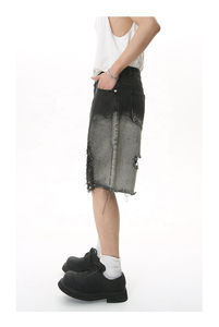 Shorts en jean baggy déchirés pour hommes, coupe ample, jambe large, délavage vintage, style urbain, streetwear, décontracté, effet moustaches, longueur genou - Product Image 2