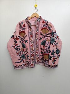 Hand Embroidered Floral <b>Mandarin</b> <b>Collar</b> <b>Jacket</b> Women's Cotton Woven Spring Full Sleeve Regular Length Suzani Embroidered Cotton - Product Image 2