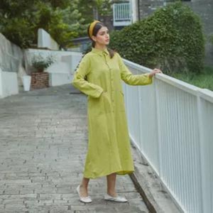 Robe midi vintage en lin biologique pour femme, taille haute, respirante, coupe ample, manches courtes, 100 % coton, teinte unie, sur mesure, grandes tailles - Product Image 2