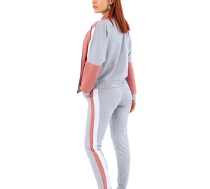 Women Color Block <b>Tracksuit</b> Full Sleeve Zipper Stand Collar Casual Sporty Gray Pink White Breathable Spring Wear - Product Image 2