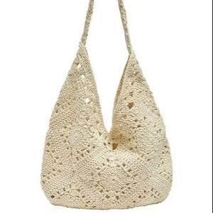 กระเป๋าโท้ทผ้าฝ้ายโบฮีเมียนทำมือ สีขาว สำหรับฤดูร้อน ชายหาด เป็นมิตรกับสิ่งแวดล้อม น้ำหนักเบา มีหูหิ้วสองข้าง สำหรับผู้หญิงและเด็กผู้หญิง - Product Image 1