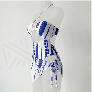 Women One Piece Swimsuit Blue White Tie Dye <b>Crossed</b> Halter Asymmetric Wrap Side With Drawstring Bandeau Style - Product Image 3