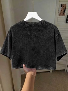 T-shirt court oversize en coton noir délavé pour homme, manches courtes, col rond, coupe décontractée, couleur unie, tricoté, 100% coton - Product Image 2