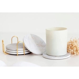 Luxury Round White <b>Marble</b> <b>Coaster</b> Set of 6 with Gold Metal Holder Eco-Friendly Drink <b>Coasters</b> Cup Mat for Home Decor Wholesale - Product Image 3