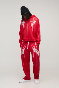 Red <b>Hooded</b> Lightweight 2 1 Tracksuit Set Full Length Loose Fit Streetwear Autumn Wear Printed Design Men's 100% Polyester Zipper - Product Image 6