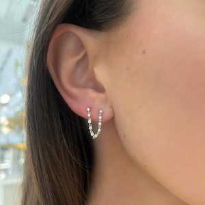Wholesale Double <b>Piercing</b> Chain <b>Earrings</b> Push Back 14K Solid Gold Round Lab Grown Diamond Two Hole Ear Chain Studs Factory Price - Product Image 4