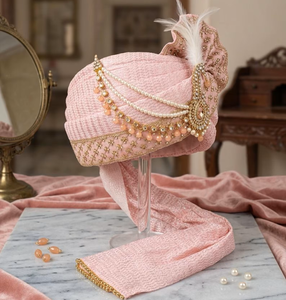 Turbante de Seda Rosa Dorado de Lujo para Novio, Venta al por Mayor OEM, Adornado con Perlas y Cristales Zari Color Durazno, Gorro de Boda para Hombre - Product Image 2