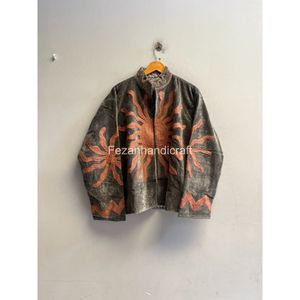 Chaqueta de terciopelo con cuello mandarín y manga larga para mujer, estilo bohemio, con patrón geométrico bordado de palmeras, para otoño - Product Image 1