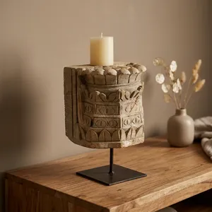 Porte-bougie en bois ancien sur support en fer, sculpté à la main, décoration rustique pour jardin, table, entrée, salon, chambre, salle à manger - Product Image 6
