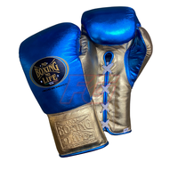 No Boxing No Life Mavi Altın Sığır Derisi Boks Eldivenleri 16oz Bağcıklı Bilek Kapatmalı Profesyonel Antrenman Ekipmanı