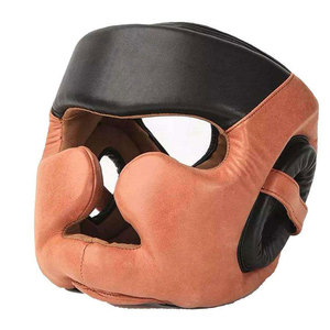 Protège-tête de boxe en cuir noir et marron, équipement de protection avec fermeture auto-agrippante pour adultes, unisexe, utilisation universelle - Product Image 1