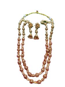 Conjunto de collar tradicional de doble capa chapado en oro con cuentas y pendientes Jhumka, joyería nupcial india al por mayor - Product Image 3