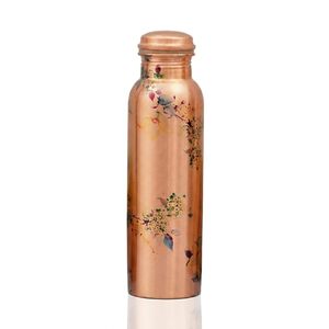 Ensemble de bouteilles d'eau en cuivre pur avec impression de paon en émail |   Bouteille en cuivre peinte à la main avec motif floral de paon et trio de verres - Product Image 3
