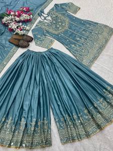 Teal Silk Embroidered Indian Pakistani Traditional <b>Dress</b> With <b>Silver</b> Work Ankle-Length Wedding Wear <b>Women's</b> Regular Fit - Product Image 3