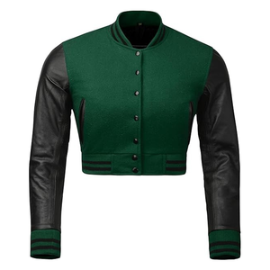 เสื้อแจ็คเก็ตวาร์ซิตี้แบบครอปสำหรับผู้หญิง ปักโลโก้ คุณภาพสูง ทำจากผ้าขนสัตว์และหนัง  แบบเบสบอล - Product Image 6