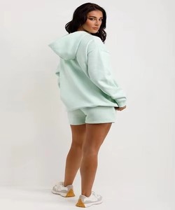 Conjunto de 2 Piezas para Mujer, Sudadera Larga con Capucha y Pantalones Cortos, Color Verde Menta, 100% Algodón, Corte Regular, Estilo Casual, Ropa de Calle para Invierno - Product Image 2