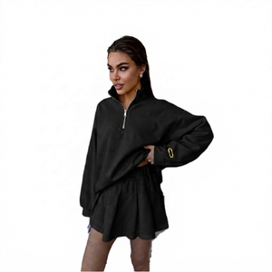 Ensemble short et sweat à capuche demi-zippé beige 100 % coton pour femme – Nouveau design OEM, motif uni, style streetwear et jogging - Product Image 4