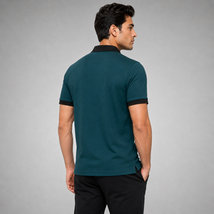 <b>Men's</b> Dark <b>Green</b> Cotton Pique <b>Polo</b> <b>Shirt</b> Short Sleeve Solid Color Casual Button Down Design Breathable Knitted Regular Fit <b>Shirt</b> - Product Image 2