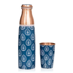 Copper Classic Eco-Friendly <b>Water</b> <b>Bottle</b> Blue Leaf Pattern Portable Travel Drinkware with Lid Included - Product Image 4