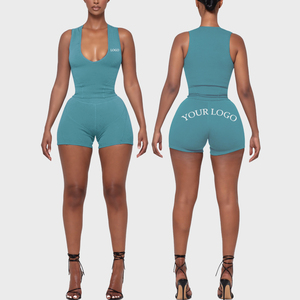 Conjunto de 2 piezas para mujer, top morado liso y shorts ajustados con cuello cuadrado, ropa de club con logo personalizado, conjunto de 2 piezas para mujer - Product Image 4