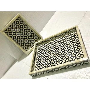 NEW ARRIVAL | Best Selling Bone Inlay Tray | Black & White Floral Tray for Stylish Serving, Home Accents & Boutique Decor - Product Image 1