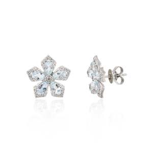 18K Gold Plated Aquamarine Flower Stud <b>Earrings</b> with Diamond Pearl & Zircon Accents - Product Image 5