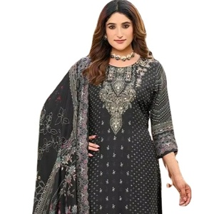 Fabrication indienne fournisseur exclusivement festif et fête porter Maslin avec impression numérique belle conception de cou robe trois pièces - Product Image 1