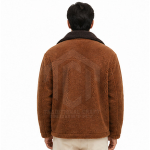 Custom <b>Mens</b> Brown <b>Sherpa</b> <b>Fleece</b> Jacket Faux Shearling Lining 300g Dark Contrast Collar Full Zip Chest Pocket Casual Winter Coat - Product Image 5