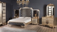 Ensemble de chambre à coucher de luxe en teck massif, style Mid-Century Modern, avec lit King Size, armoire miroir, 2 tables de nuit et coiffeuse – Mobilier de maison