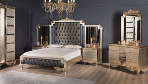 Luxury Art Deco <b>Solid</b> Teak <b>Wood</b> Bedroom Set King Size Bed Mirrored Wardrobe 2 Nightstands <b>Dressing</b> <b>Table</b> Luxury Furniture - Product Image 5