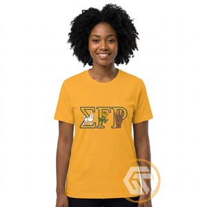เสื้อยืดคอกลมสีทองสำหรับผู้หญิง Sigma Gamma Rho ทรงปกติ สวมใส่สบาย แขนสั้น ผ้าฝ้ายเจอร์ซีย์ 100% พิมพ์ลายโลโก้ ระบายอากาศได้ดี เหมาะสำหรับฤดูร้อน - Product Image 1