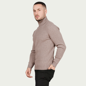 Suéter de Cuello Alto para Hombre, Color Taupe Sólido, Manga Larga, Tejido de Punto Acanalado - Product Image 3