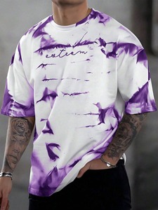 <b>Tie</b>-Dye Men's white Regular Fit Short Sleeve O-Neck Formal T-Shirt Front Logo Print 100% Cotton <b>Knitted</b> Loose Fit Oversized - Product Image 1