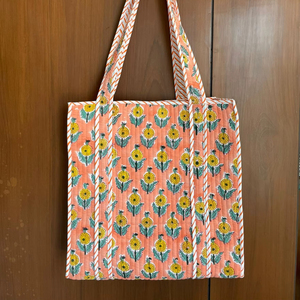 Hand Block Printed Indian Handmade Striped Cotton Large Beach Tote <b>Bag</b> with <b>Long</b> Handle for Women Exhibition & Travel - Product Image 1
