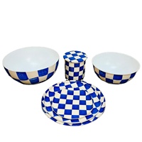 Service de vaisselle rétro en émail bleu et blanc, en fer et métal, comprenant des bols de service, des assiettes et un pot de rangement, durable, de qualité alimentaire, pour la maison et les restaurants