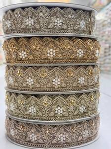 Bordure en dentelle métallique brodée en polyester avec perles, lavable, or et argent, pour vêtements, textiles de maison, sacs, chaussures, décoration - Product Image 2