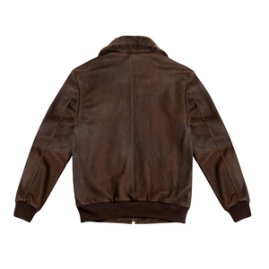 Mens Brown Genuine Leather Bomber Jacket Faux Shearling Collar Dual Flap Pockets <b>Zip</b> Front Ribbed Cuffs Premium Winter Outerwear - Product Image 3