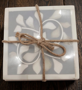 Bone Inlay Tea <b>Coasters</b> <b>Set</b> of 4 Blue/Ivory Indian Floral/Geo Pattern Square Barware Table Mats for Hot/Cold Beverages Drinkware - Product Image 1