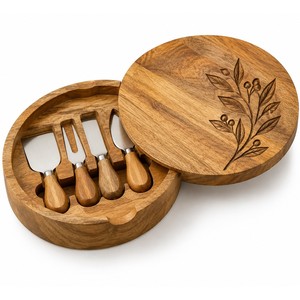 Boîte à fromage en bois de manguier gravé avec un ensemble de couteaux - Vente en gros Moradabad - Product Image 1