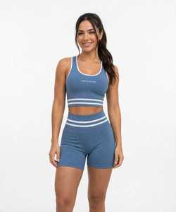 ONETEN APPAREL เสื้อกล้ามสปอร์ตบราคอกลมลายทางสำหรับผู้หญิง สีฟ้า ชุดออกกำลังกายโยคะ - Product Image 6