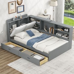 Letto a piattaforma in legno grigio, misura twin, con testiera contenitore, ripiani e 2 cassetti - Product Image 1