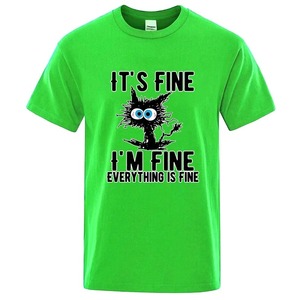 Its Fine Im Fine Everything Is Fine เสื้อยืดลำลองผู้ชายพิมพ์ลายการ์ตูนแมวแขนสั้นคอกลมทรงปกติสีขาว - Product Image 3