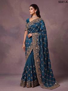 Sari traditionnel Rivaayat House en soie Banarasi verte ornée, mélange de coton extensible et matériaux recyclés, longueur au sol - Product Image 4