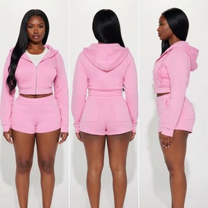Ensemble 2 pièces pour femme : veste à capuche rose zippée et short, tenue de sport décontractée - Product Image 5