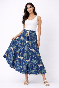 Designer Blue Jungle Print Cotton Maxi <b>Skirt</b> Women High Waist Frill Layer Boho Long <b>Skirt</b> Casual Summer Wear - Product Image 2