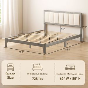 Letto Queen Size con Testiera Imbottita Grigia, Struttura a Piattaforma con Doghe in Legno, Facile Montaggio, Non Richiede Rete a Doghe - Product Image 3