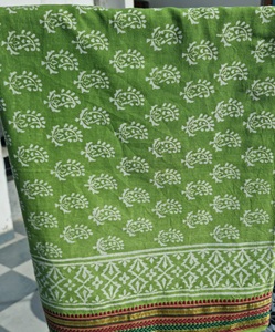Green Hand Block Print With Zari Border Cotton Sarong Boho Beach Wrap Pareo Lightweight <b>Cover</b> <b>Up</b> Indian Printed Scarf - Product Image 4