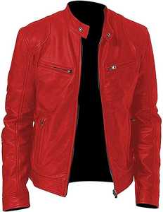 Blouson moto en cuir véritable beige pour homme, col rabattu, fermeture éclair, coupe ajustée, manches classiques, couleur unie, automne - Product Image 1