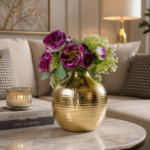 Florero de latón martillado hecho a mano |   Jarrón Decorativo de Metal Dorado |   Centro de Mesa Redondo para Decoración del Hogar |   Jarrón de Latón al por Mayor - Product Image 2