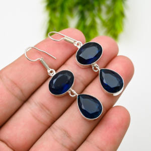 Material Customized 925 <b>Solid</b> Sterling <b>Silver</b> Faceted Blue Sapphire September Month Birthstone Two Stone Hook <b>Earring</b> - Product Image 1